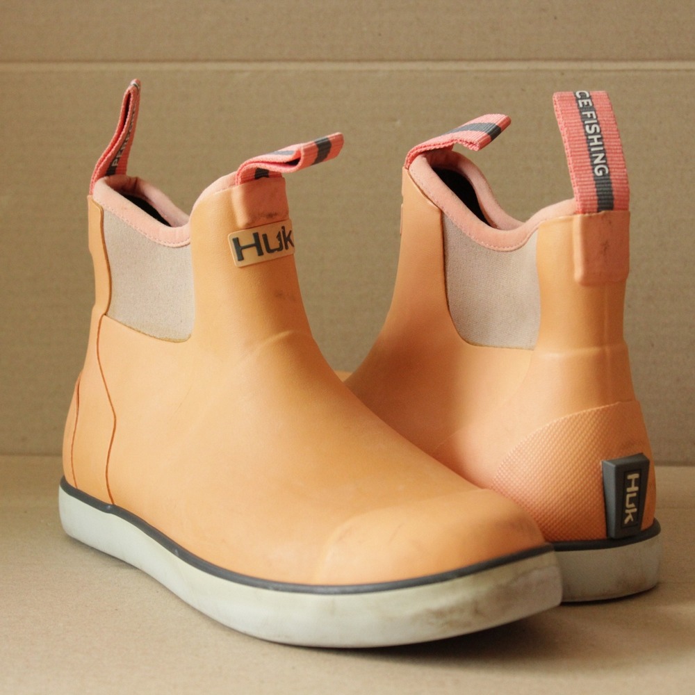 Huk Rogue Wave Deck Boots Mens Sz 9 Orange Ankle Fishing Waterproof Rubber Heavy